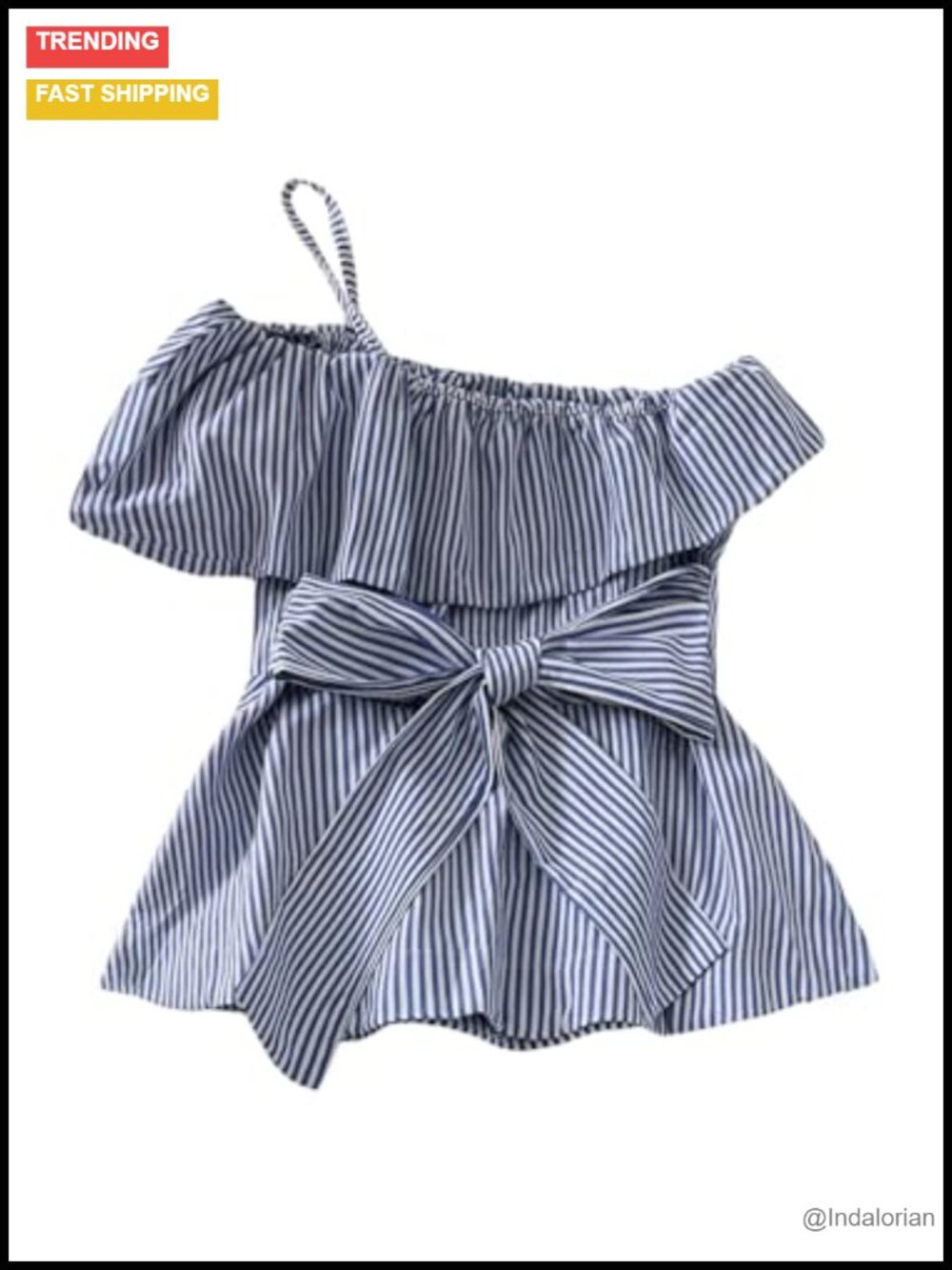 Striped Asymmetrical One Shoulder Peplum Blouse Bow Tie Waist Dressy Top